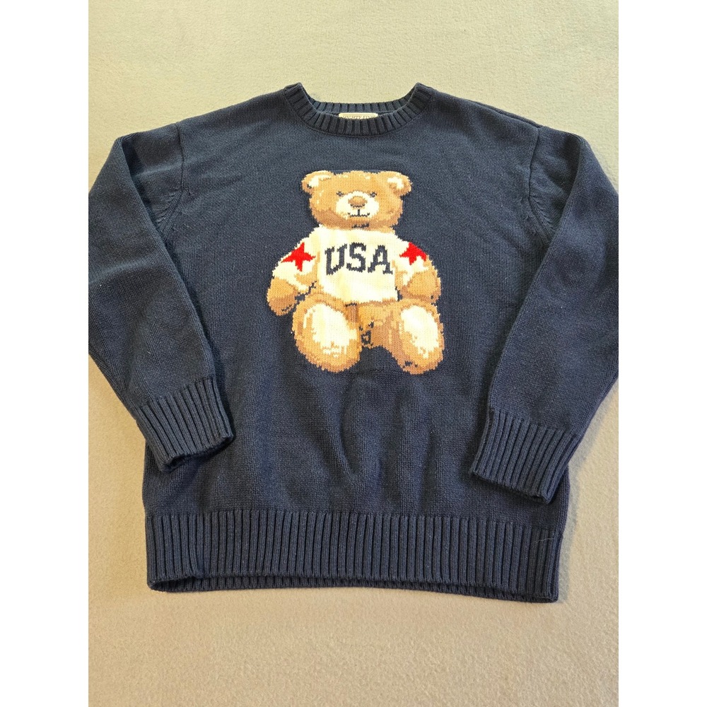 Mighty Fine Teddy Bear Sweater Mens Medium Navy Blue USA Graphic Knit Pullover